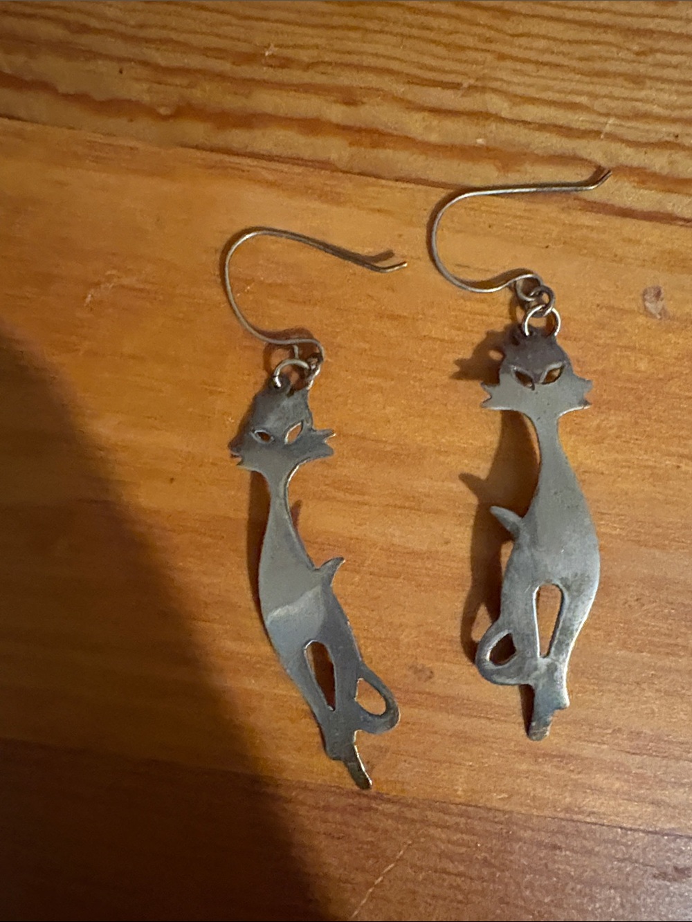 Cat Silhouette Drop Earrings - Silver Color - one end tarnished